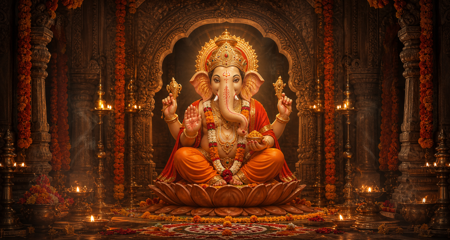 Lord Ganesha seated in a warmly illuminated temple sanctum